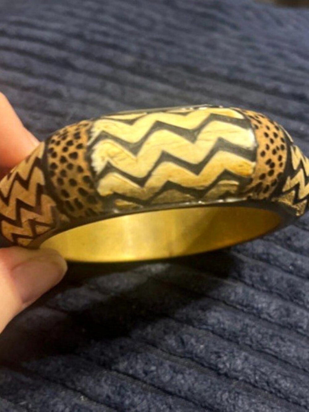 Bohemian Carved Bangle Bracelet Gold Black Brass Base Metal No Stone